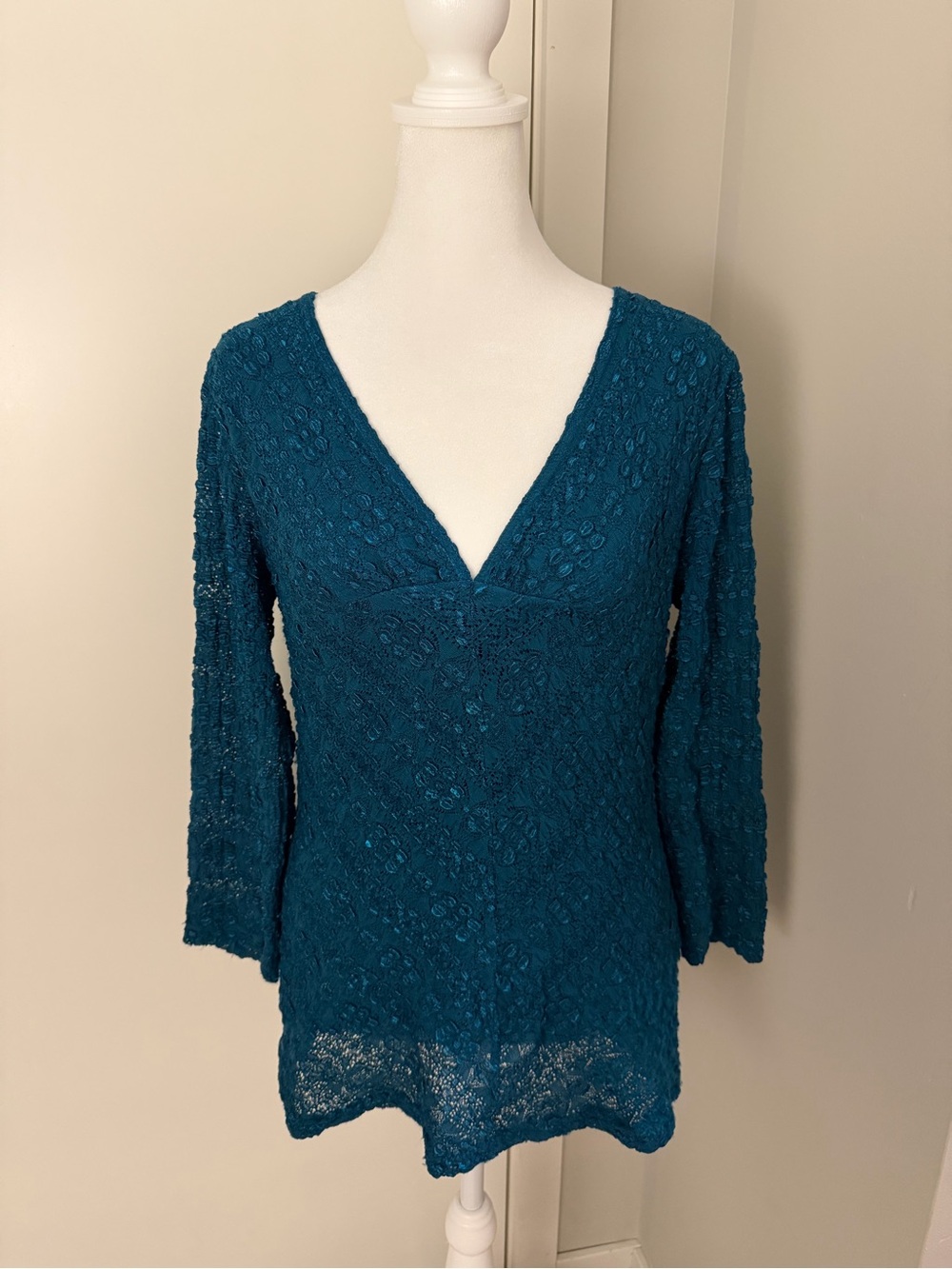 Wrapper Teal V-Neck Floral Textured Top Y2K